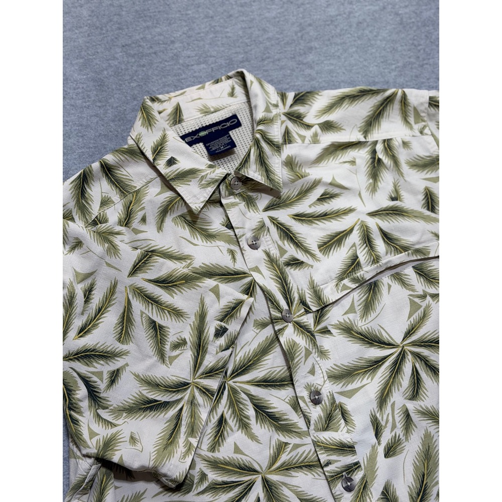 ExOfficio Mens Medium Palm Leaf Tropical Short Sleeve Button Up Vented Shirt